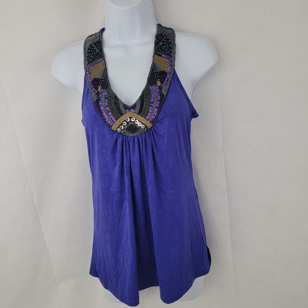 BCX Womens Tank Top Sz SMALL Purple Crinkle Beaded Strap Boho Festival Fairy Y2K